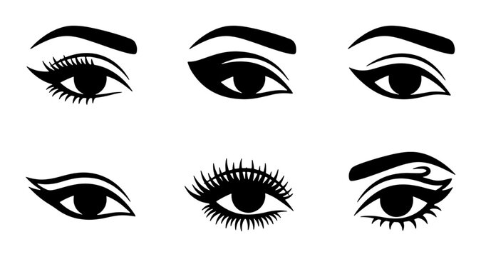 Elegant Eye Makeup Styles, Vector Icons Set: Eyeliner, Mascara, Lashes, Beauty Graphics for Cosmetics, Fashion, Glamour