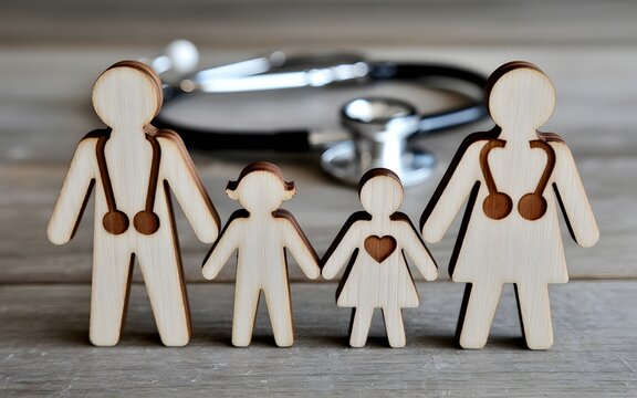 Wooden figures of a family, featuring parents with stethoscopes and children, symbolizing the crucial concept of family healthcare, medical wellness, and health insurance