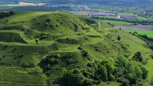 Aerial shot of Cley Hill in Wiltshire, UK