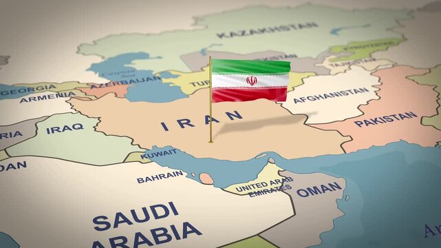 Iran Flag Pin on Political World Map Showing Middle East Countries in Vintage Pastel Tones