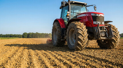 Obraz premium Modern red tractor working in a farm field, agricultural machinery plowing soil on a sunny day, heavy farming equipment in rural landscape