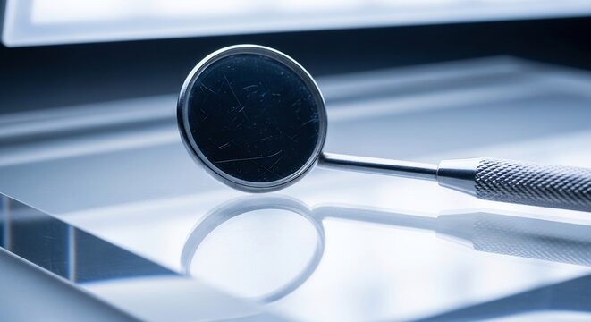 Close up of a dental mirror on a reflective surface.