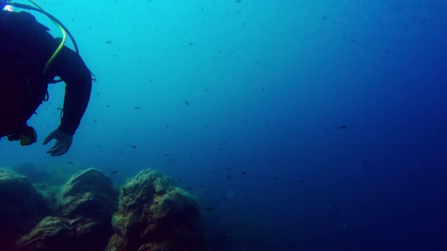Scuba Diver Explores Rocky Reef with Small Fish in Clear Blue Ocean Water