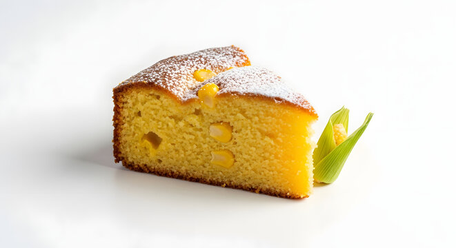 Slice of corn cake with powdered sugar dusting and corn kernels