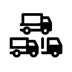 Fototapeta premium Three delivery trucks stacked icon design - Minimalist black and white icon showing three delivery trucks arranged in a triangular stack formation.