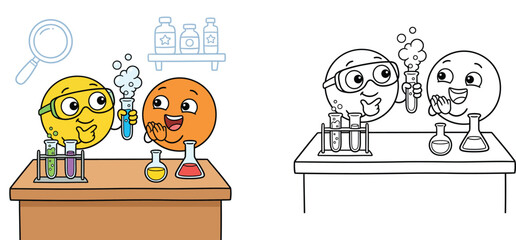 Fototapeta premium Kids Science Experiment Cartoon Illustration and Black and White Line Art Coloring Page for Education, Chemistry Lab with Cute Characters and Laboratory Equipment