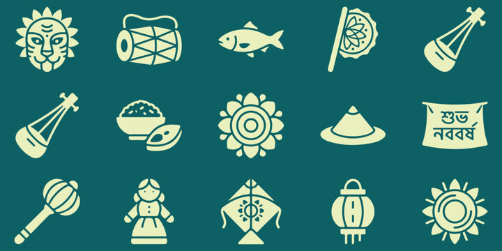 Bengali New Year Flat Icon Collection with Dhak Fish Kite Mask and Lantern Symbols