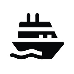 Obraz premium Modern ferry boat sailing on water waves - Simple black and white vector icon of a stylish ferry boat moving through gentle ocean waves.