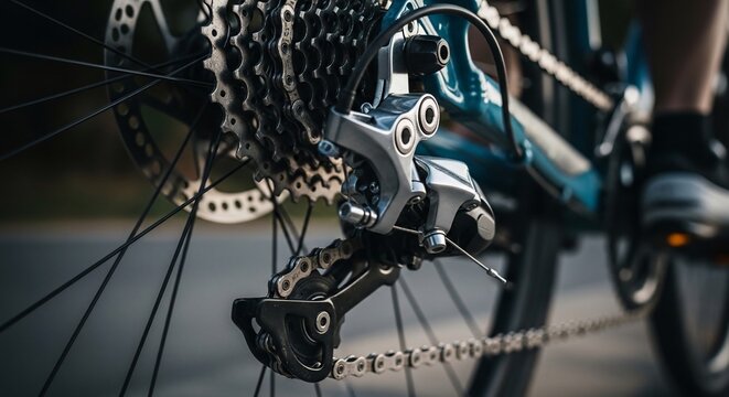 Close-up view of a bicycle's rear derailleur and cassette gears, showcasing the intricate mechanics of the drivetrain.