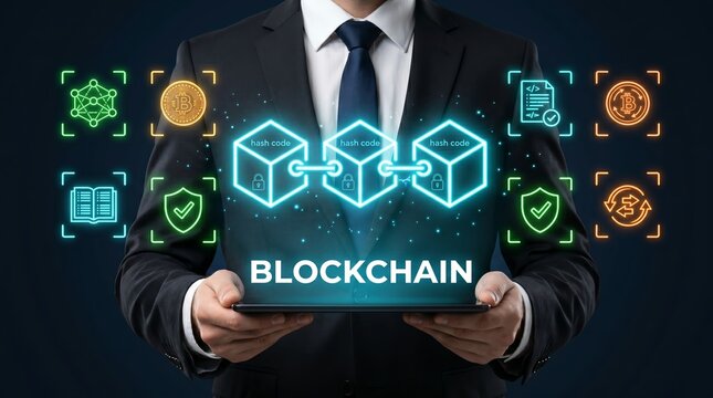 Businessman holding tablet with blockchain and cryptocurrency icons floating around
