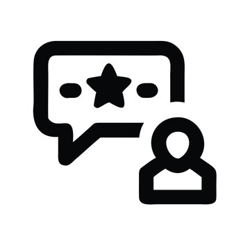 Person giving feedback with star rating speech bubble - Black and white icon of a person receiving feedback through a star-rated speech bubble