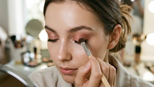 A beauty artist carefully applies eyeshadow to a model's eye