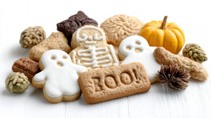 Fototapeta premium Halloween-themed assorted cookies including ghost, skeleton, boo, pumpkin, and autumn decorations on white surface