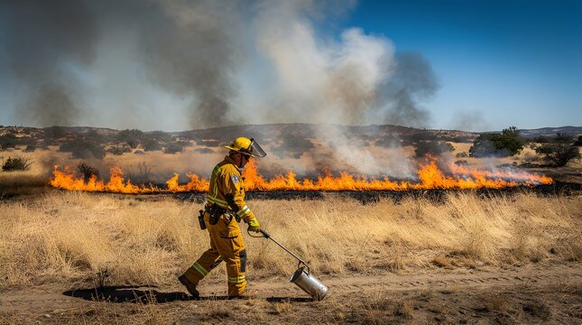 Firefighter uses a drip torch to control a prescribed burn in a dry grassy field under a clear blue sky.