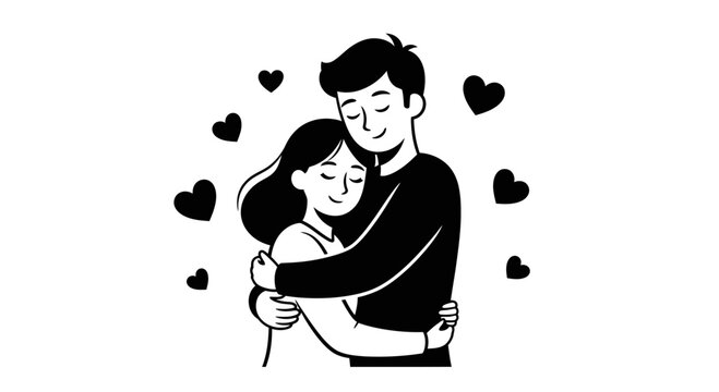 Loving Couple Embracing with Floating Hearts Illustration