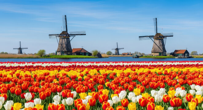 Picturesque Dutch Landscape with Vibrant Tulip Fields and Historic Windmills Under a Clear Blue Sky Showcasing the Beauty and Charm of the Netherlands Countryside