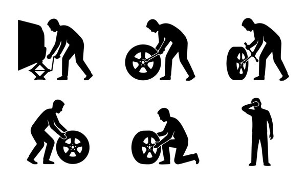 Car Tire Change Icons, Automotive Repair Steps, Vehicle Maintenance Symbols, Flat Tire Assistance Graphics, Mechanical Service Pictograms