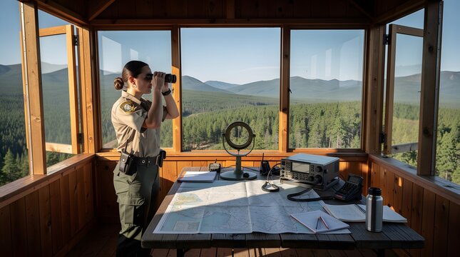 A female park ranger in uniform uses binoculars to scan the vast, forested mountain landscape from a wooden fire lookout tower.