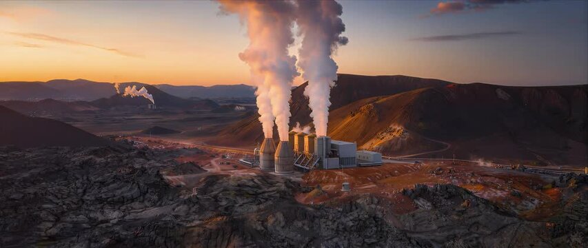 Next-Gen Energy Sustainability Geothermal power plant in rocky mountain valley at sunset with steam plume, landscape, renewable energy facility, steam rising over volcanic valley and sunrise scene