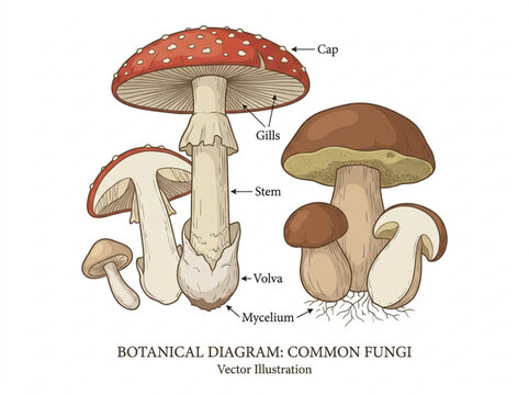 Detailed botanical illustration of various mushroom types with labeled parts