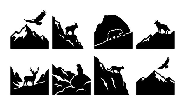 Mountain Wildlife Silhouette Collection, Majestic Animal Icons on Rocky Peaks, Nature Landscape Vector Graphics, Outdoor Adventure Elements