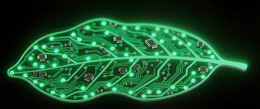 Next-Gen Energy Sustainability Electronic circuit leaf green glow black background technology concept digital network circuit board leaf shape microchip glowing trace futuristic design, circuit leaf