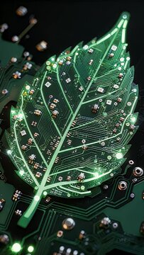 Next-Gen Energy Sustainability Leaf Circuit Green Technology Electronic Board Digital Pattern Abstract Futuristic Green Circuit Leaf Electronic Board Technology Concept Digital Leaf Microchip Printed