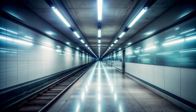 Illuminated Underground Tunnel with Railway Tracks and Smooth Floor.