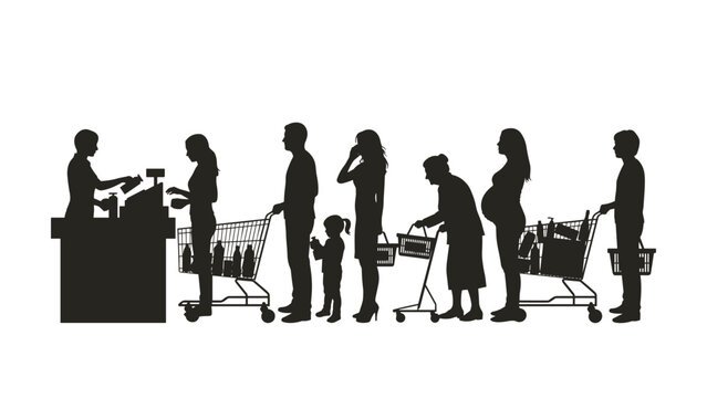 People in a supermarket checkout line with shopping carts black silhouette