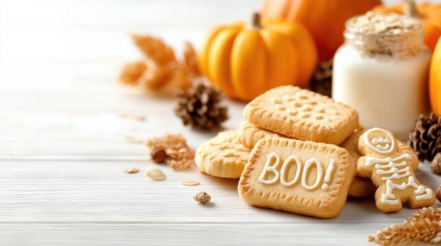 Halloween themed cookies with boo text and skeleton icing surrounded by pumpkins, pinecones, and oats on white wooden surface