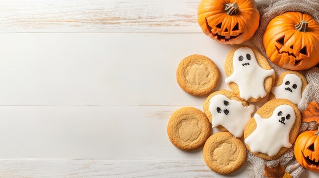 Halloween-themed sugar cookies shaped like ghosts with jack-o'-lantern pumpkins on wooden surface