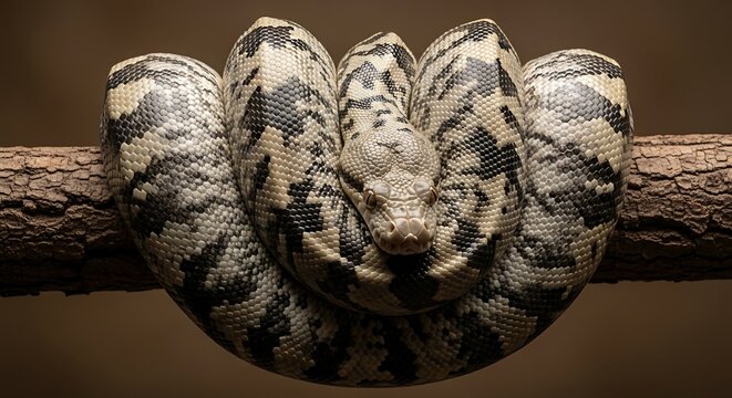 Reticulated Python Coiled on Branch, Close-Up Reptilian Portrait.