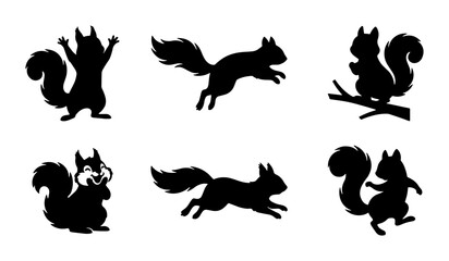Obraz premium Set of Six Black Silhouette Squirrel Vector Icons, Cute Forest Animal Poses for Wildlife Graphics, Nature Elements, and Children's Illustrations