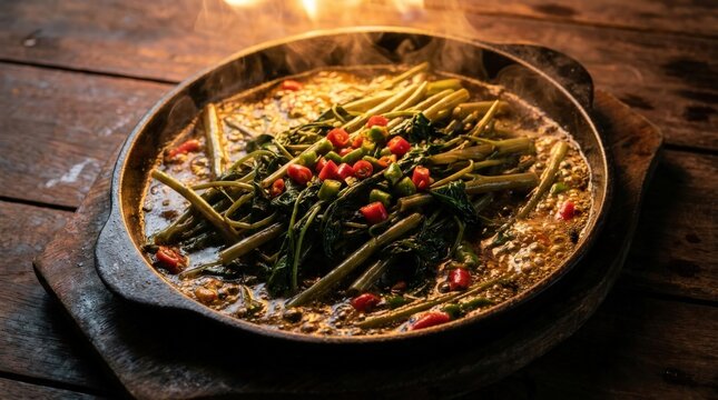 Sizzling hotplate water spinach served with aromatic bubbling garlic oil and fresh spicy chili peppers, captured in a cinematic widescreen composition on a rustic wooden table for gourmet dining.
