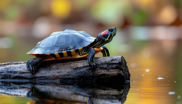 Captivating Red-Eared Slider Resting Tranquilly on a Weathered Log Near Water