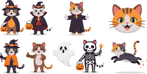 Obraz premium Cute Halloween Cat Cartoon Character Set with Witch Vampire Skeleton Ghost and Pumpkin Costume Vector Illustration