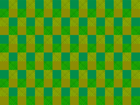 Seamless green gingham checkered pattern with diagonal hatch texture. Classic picnic tablecloth or plaid fabric vector background.