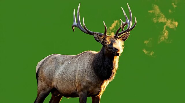 Majestic Elk Breathing Cold Air With Visible Breath Against Vibrant Green Background For Nature And Green Screen Applications