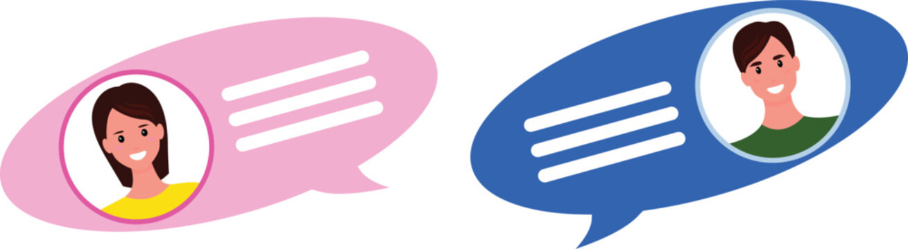 Pink and blue speech bubbles with male and female avatars isolated on transparent background