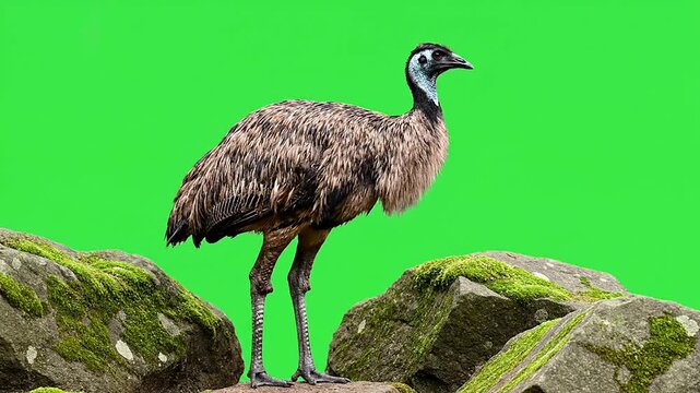 Majestic Emu Standing On Rocky Terrain Against A Vibrant Green Screen Background For Visual Effects And Editing Use