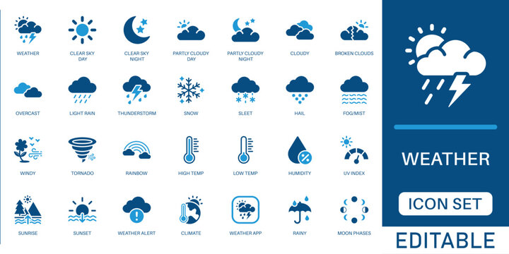 Weather icon set. featuring sunny, rainy, snowy, Climate, Tornado and stormy conditions. Modern blue flat design symbols for mobile apps, websites, and climate forecasting.