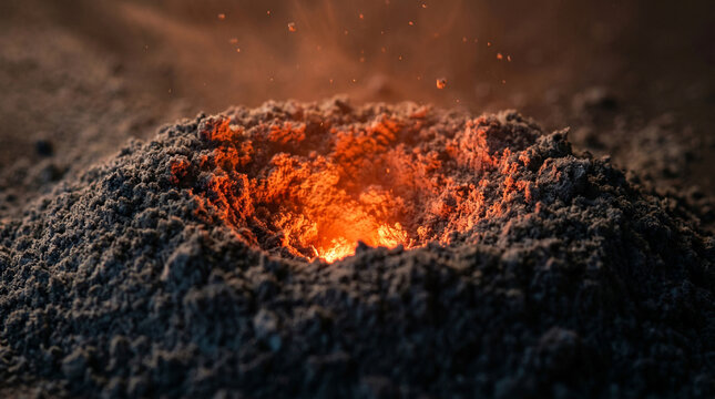  Depression in ash with hot material glowing intensely orange-red from inside, active burning or volcanic activity effect, mysterious dramatic lighting, dark background.