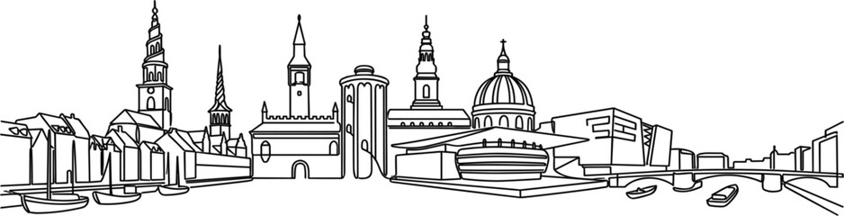 European City Skyline Outline Illustration Featuring Historic Architecture, Cathedral Domes, Bridges, and Urban Waterfront Landmarks for Travel Design Projects © Md Monjurul