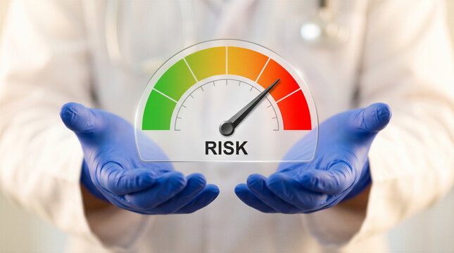 Risk Assessment Meter, Doctor Holding Risk Level Gauge Showing Low to High Risk Scale Representing Medical Financial and Business Risk Management Evaluation Concept