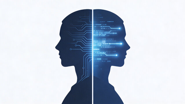 Silhouette of a human head with digital circuit board brain, technology concept