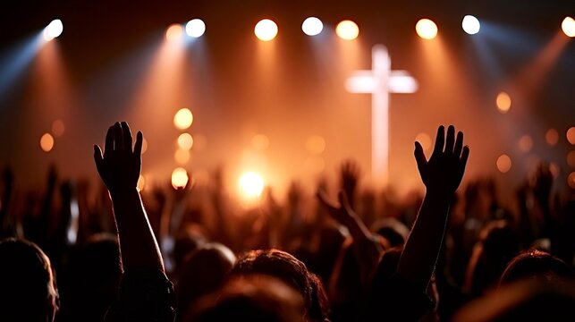 Worshipers raising hands during christian church service