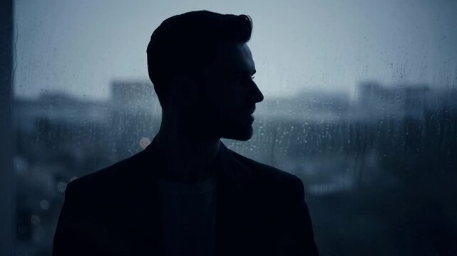 Man standing by rain speckled window at twilight city view lost in thought peaceful urban moment