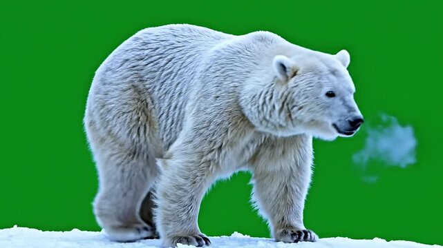Majestic Polar Bear Walking on Snow Against Vibrant Green Screen Background for Wildlife Projects and Creative Media