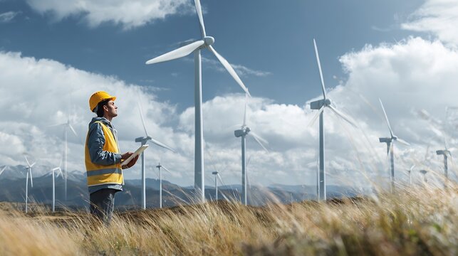 Technical specialist using a digital tablet to monitor wind turbine performance in a mountainous landscape under a bright blue sky with scattered clouds