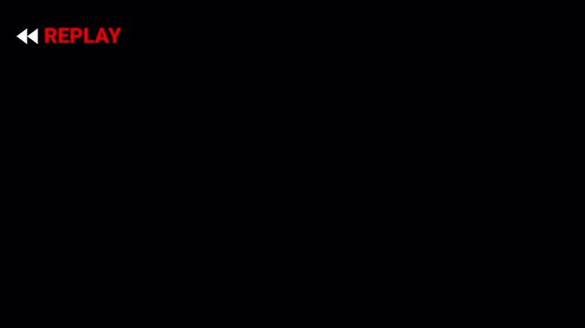 Red replay text with rewind symbol on black screen. rewind button animation sign 4K footage